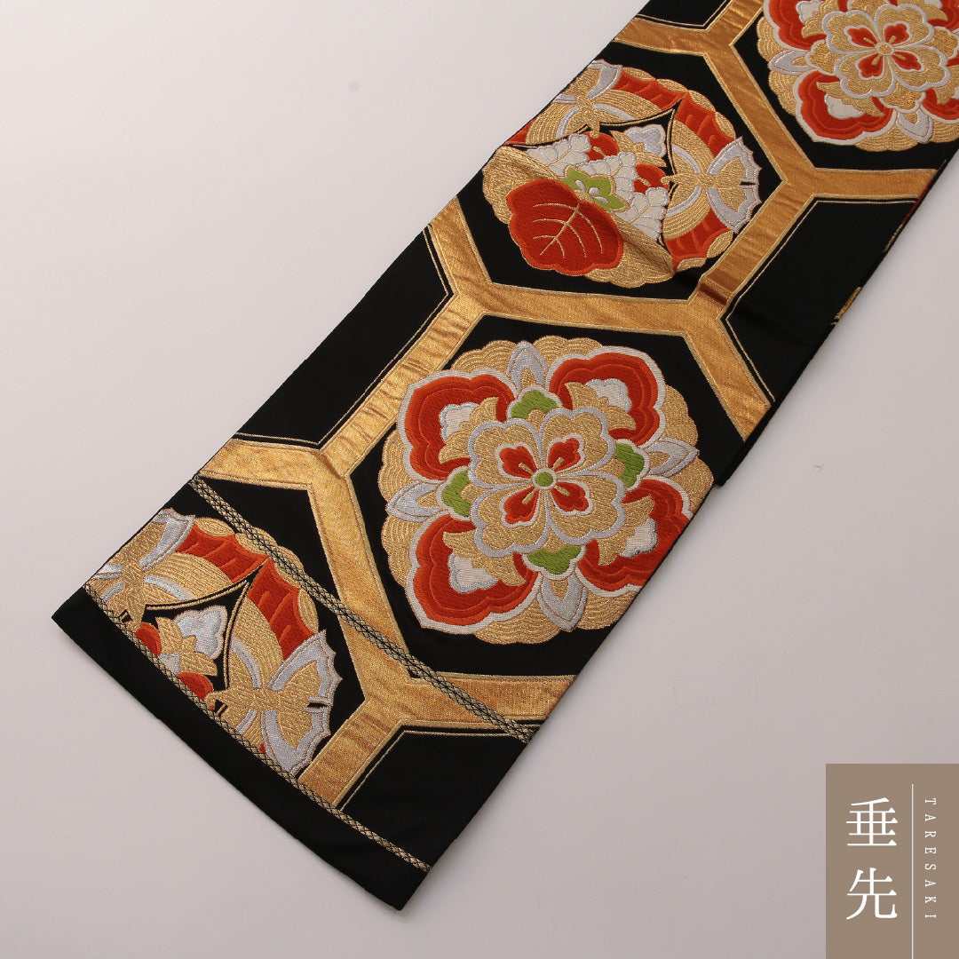 袋帯 帯丈418cm フォーマル 六通 Sランク 正絹 花菱 亀甲 黒系 金系 1223-01890