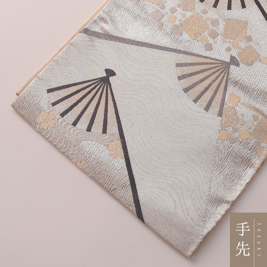 袋帯 帯丈440cm フォーマル 六通 Sランク 正絹 扇 流水 桜 銀系 クリーム系 1223-01883