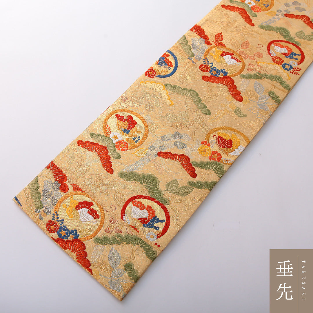袋帯 帯丈442cm 正絹 六通 フォーマル 蝶 笠松 丸文 落款 金系 1243-02002