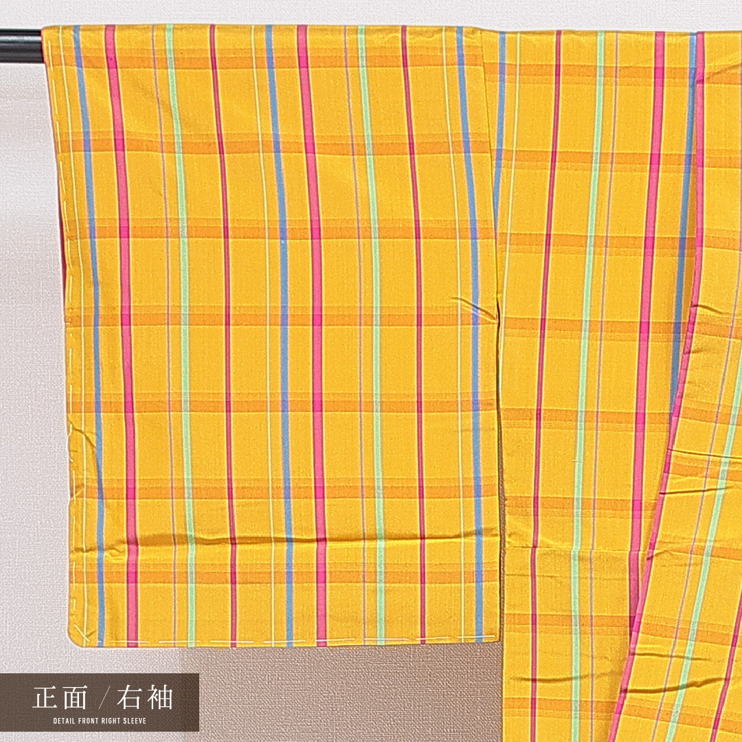洗える着物 小紋 袷 身丈155cm 裄丈64cm ポリエステル Bランク インフォーマル 広衿 Mサイズ 格子 黄系 HP 1221-16383