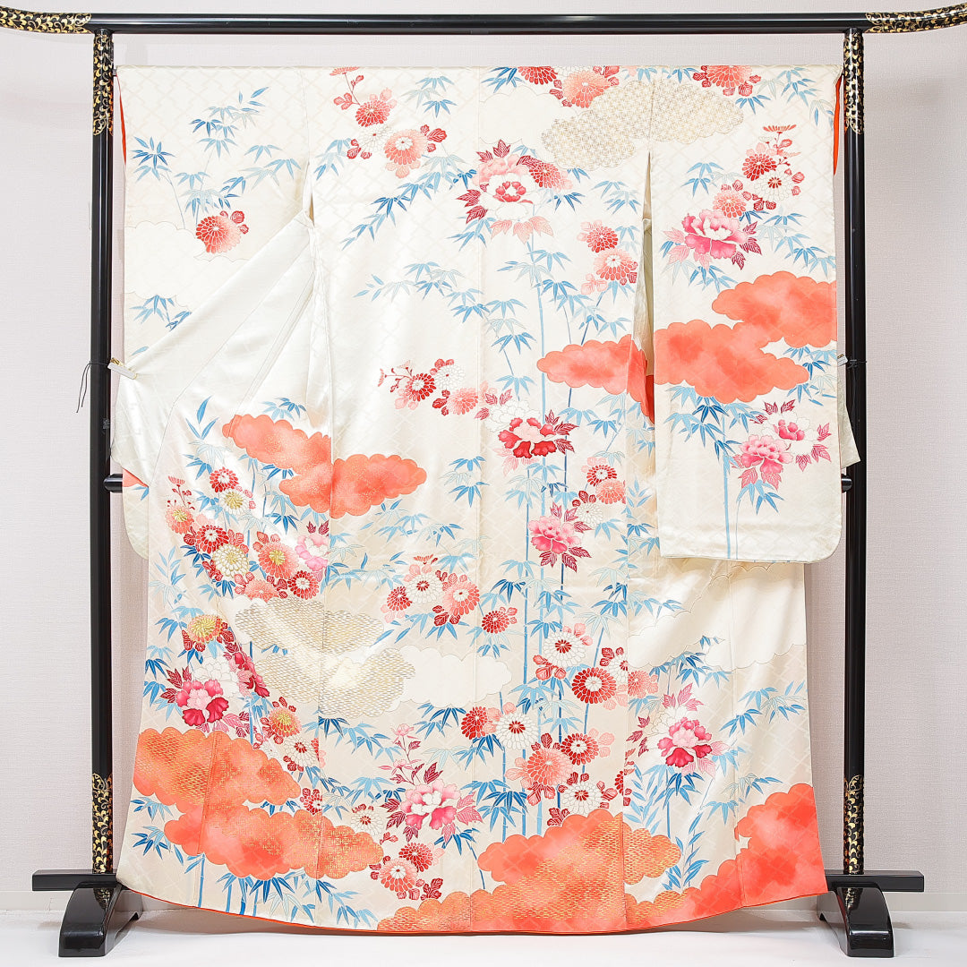 振袖 袷 身丈162cm 裄丈64cm フォーマル Cランク Lサイズ 正絹 広衿 雲 牡丹 笹 1213-F0669