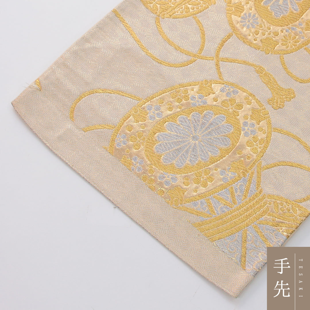 アンティーク 袋帯 帯丈416cm 六通 未仕立て 帯芯なし Aランク 正絹 鼓 金系 クリーム系 1223-02322