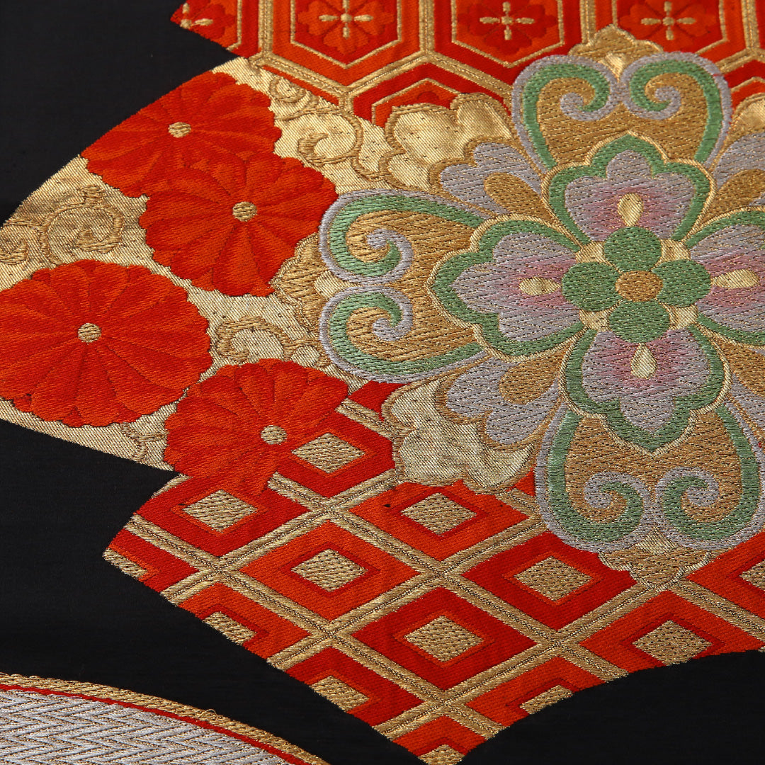 袋帯 帯丈400cm 正絹 六通 フォーマル 扇面文 宝相華 吉祥文様 黒系 金系 1243-01949