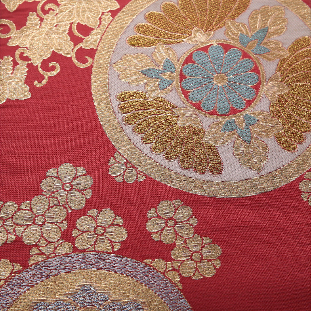 九寸名古屋帯 帯丈396cm セミフォーマル 開き仕立て 六通 Cランク 正絹 有職文様 赤系 1224-03499