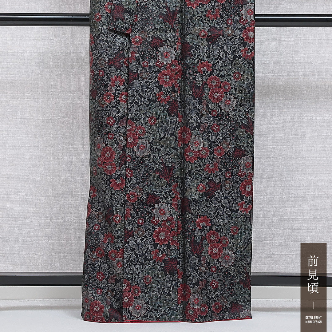 洗える着物 紬 袷 身丈163cm 裄丈64cm ポリエステル Sランク カジュアル バチ衿 Lサイズ 花柄 黒系 RP 1223-16309