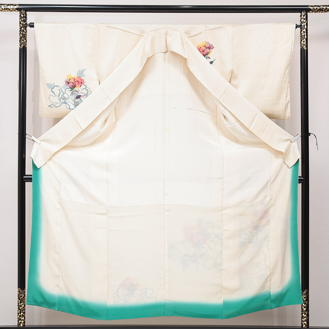 付下げ 袷 身丈153cm 裄丈65cm 正絹 Cランク インフォーマル 広衿 Sサイズ 牡丹 クリーム系 LP 1218-15339