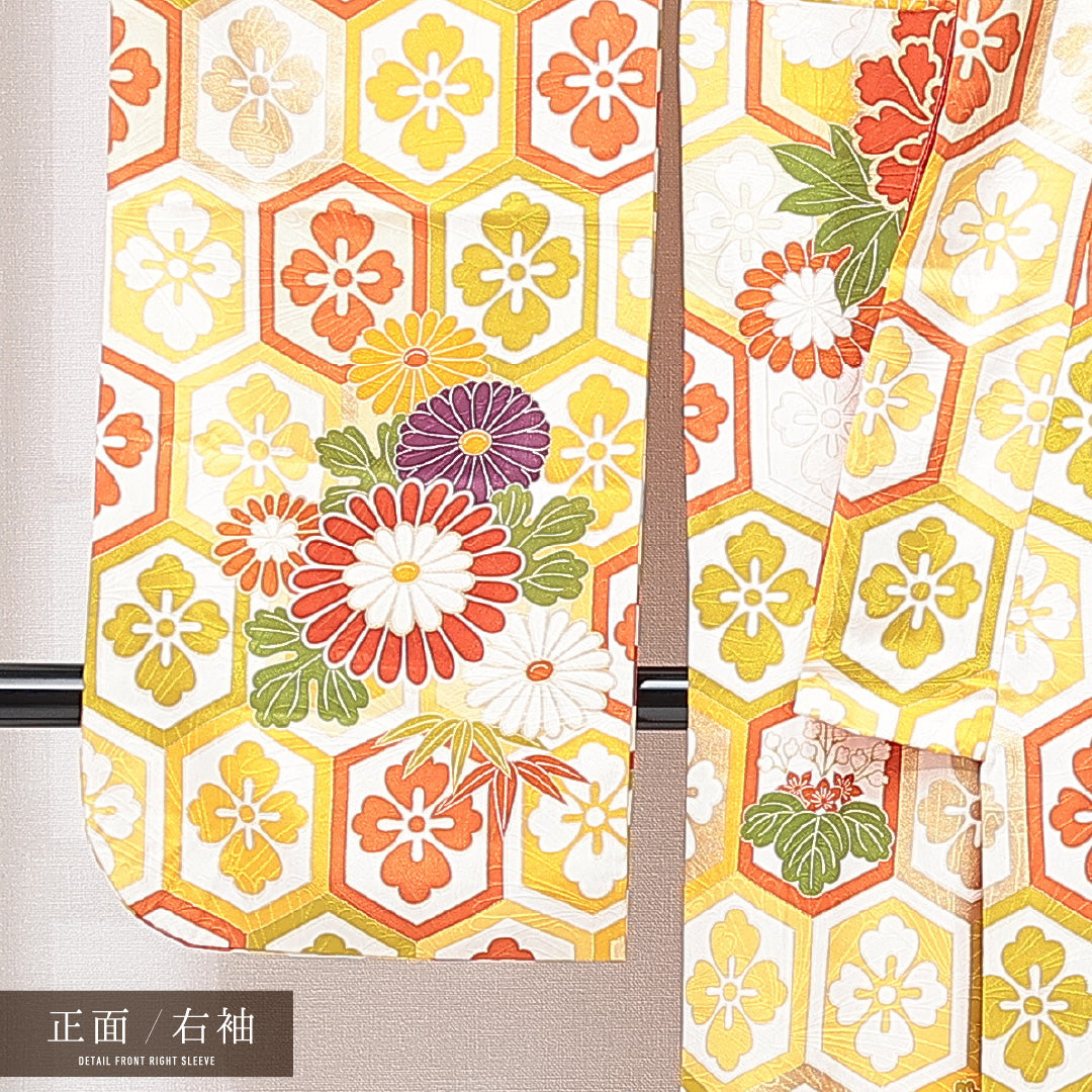 振袖 袷 身丈155cm 裄丈63cm フォーマル Cランク Mサイズ 正絹 広衿 亀甲 牡丹 蘇州刺繍 金駒刺繍 1213-F0670