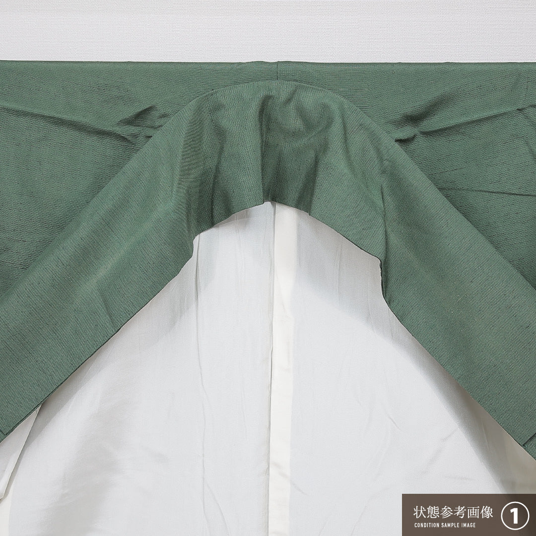 色無地（紬） 袷 身丈159cm 裄丈65cm 正絹 Cランク Mサイズ 広衿 インフォーマル 無地 緑系 1214-15609