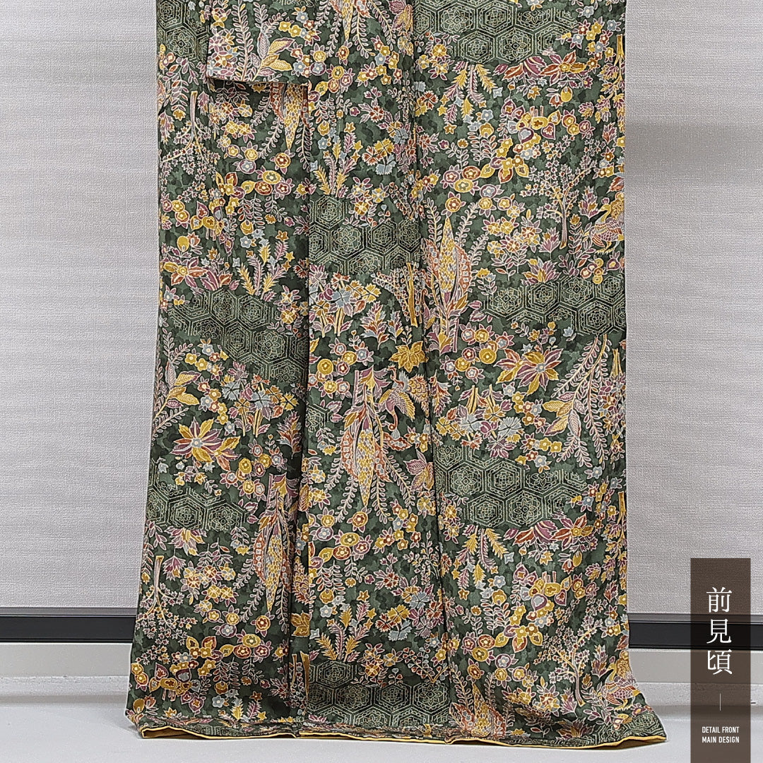 小紋 袷 身丈167cm 裄丈66cm 正絹 Sランク インフォーマル 広衿 XLサイズ 亀甲 花柄 緑系 M4 1221-15876