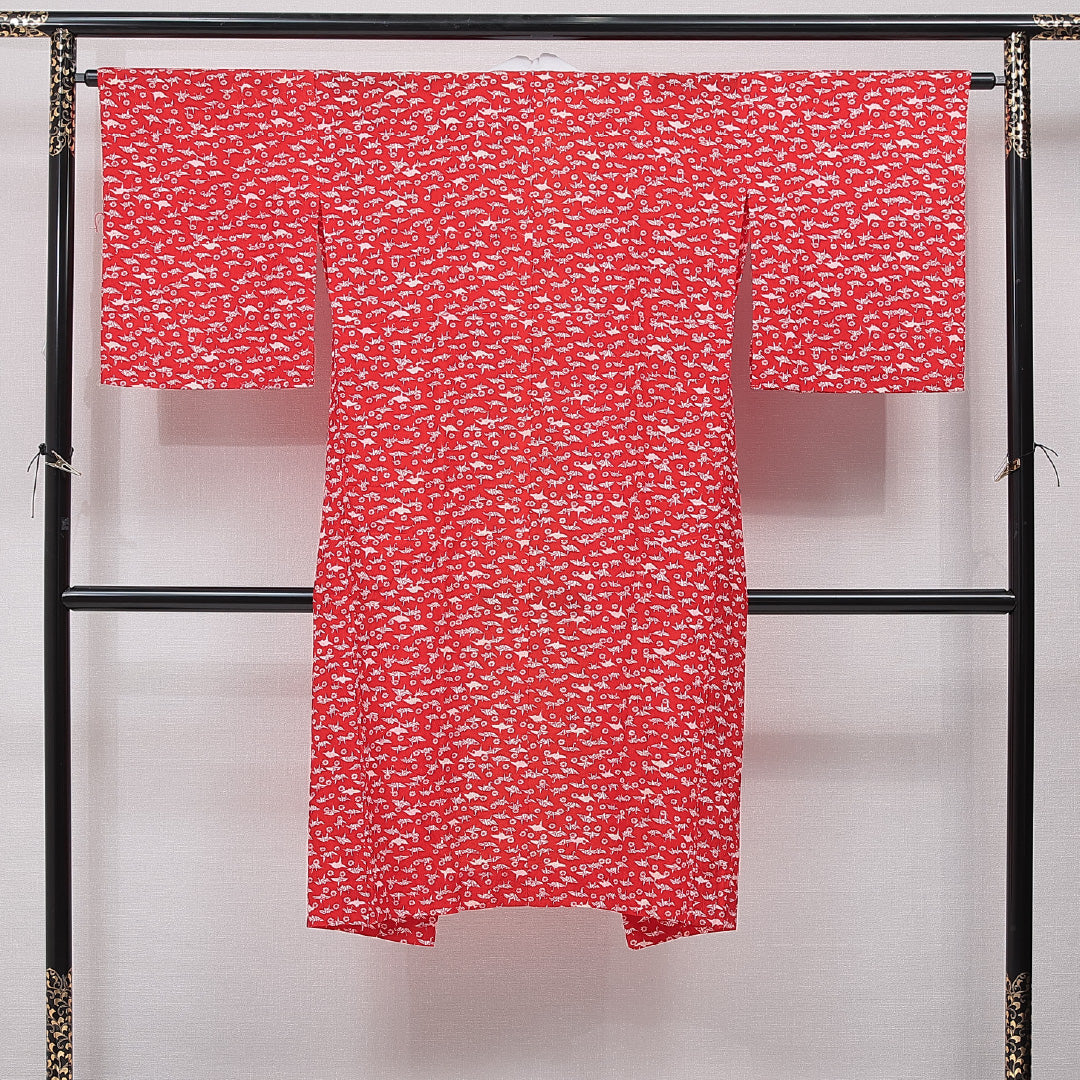 長襦袢 単衣 身丈125cm 裄丈63cm 正絹 Aランク Mサイズ バチ衿 肩当て 鶴 赤系 1229-15673