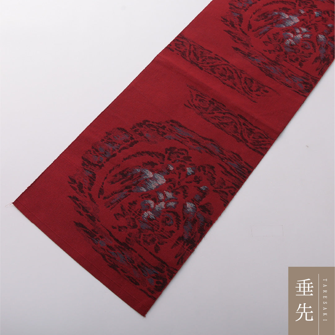 八寸名古屋帯 Aランク 帯丈332cm 正絹 六通 松葉仕立て 帯端のみ未仕立て 帯芯なし 織り カジュアル 双鳥唐花文 赤系 LP 1245-03555