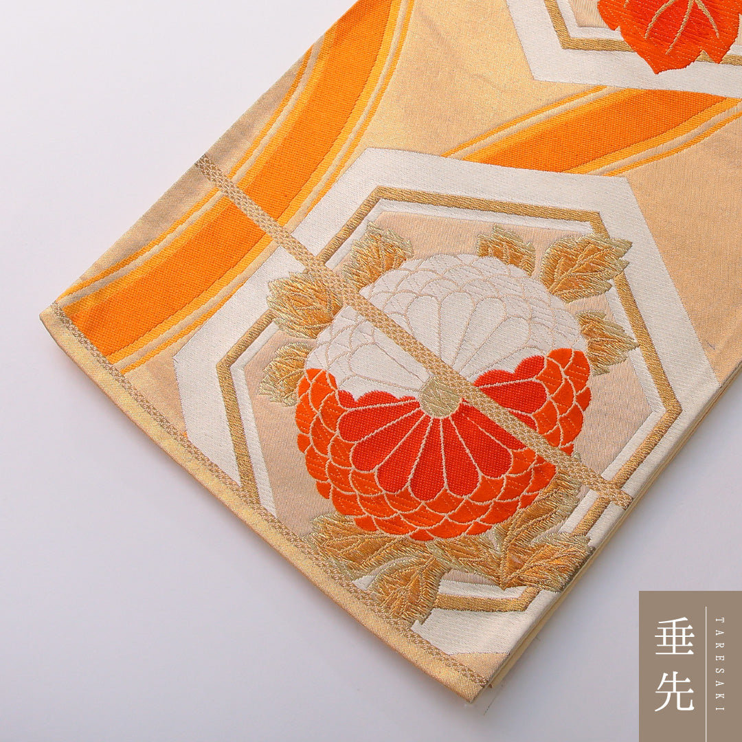 アンティーク 袋帯 帯丈420cm 六通 未仕立て 帯芯なし Aランク 正絹 亀甲 菊 金系 1223-01990