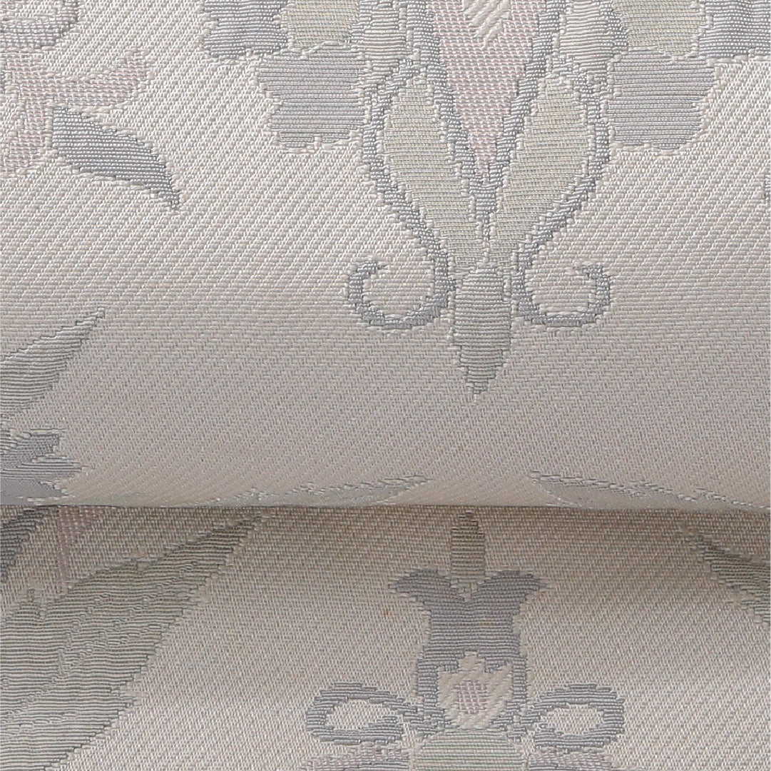 八寸名古屋帯 帯丈339cm セミフォーマル 松葉仕立て 六通 Dランク 正絹 アラベスク文様 白系 1224-03599