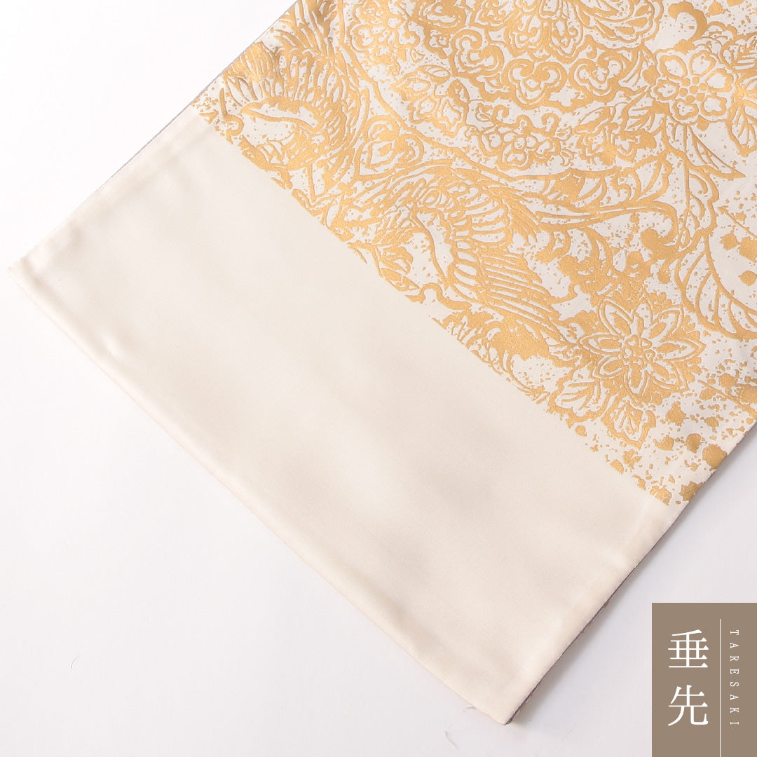 袋帯 帯丈462cm 正絹 ポイント柄 染め帯 フォーマル 双鳥唐花文 金系 クリーム系 1243-01750