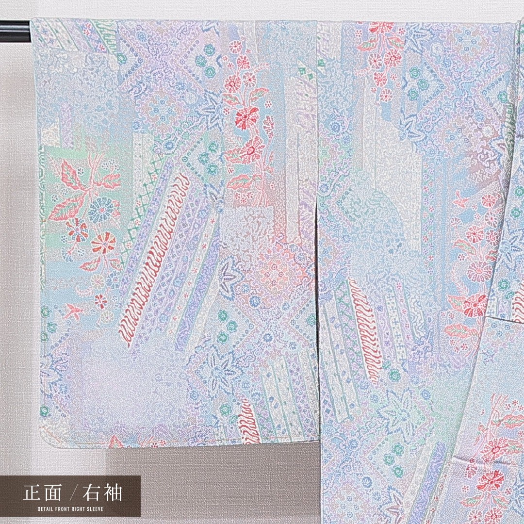小紋 袷 身丈154cm 裄丈64cm 正絹 Sランク インフォーマル 広衿 Sサイズ 菊 グレー系 RP 1221-15526