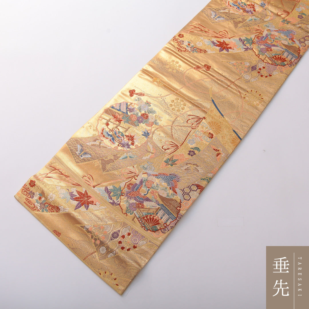 袋帯 帯丈430cm 正絹 六通 フォーマル 熨斗 雪輪 吉祥文様 金系 1243-02054