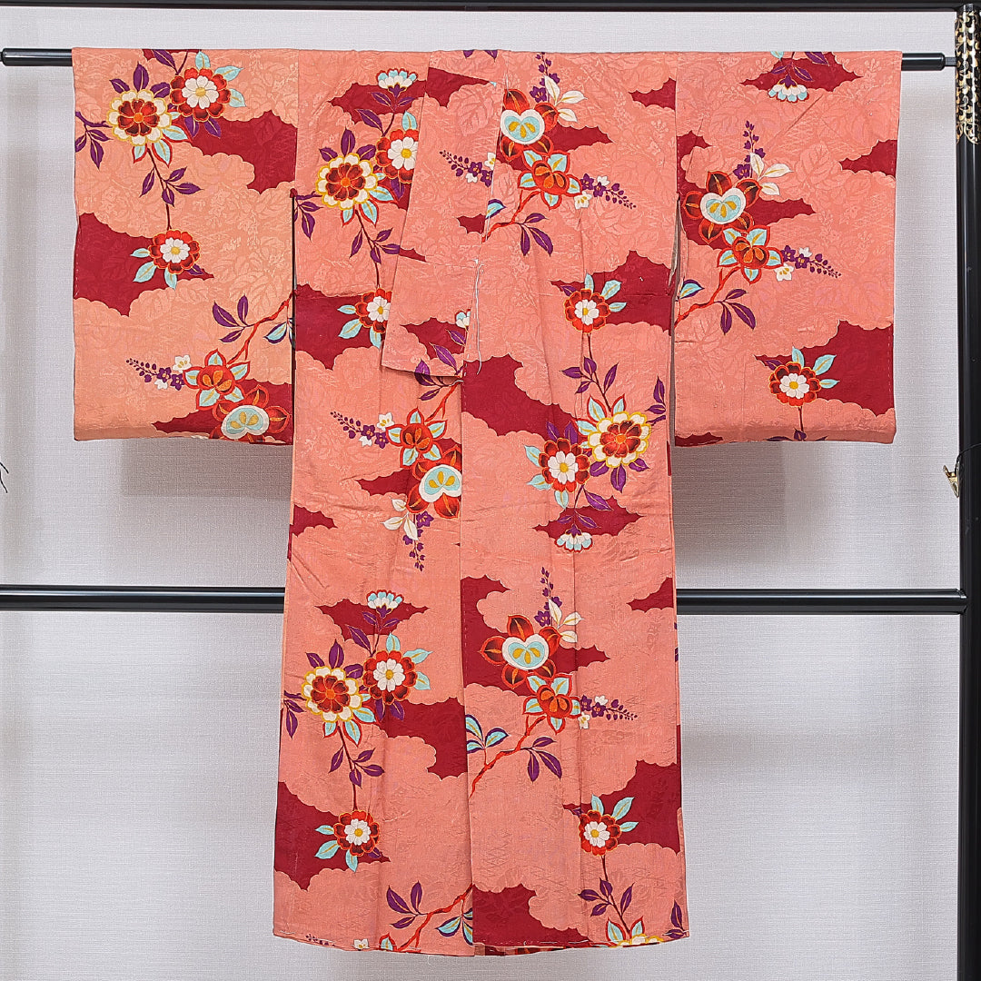 アンティーク 小紋 袷 身丈127cm 裄丈62cm 正絹 Cランク 広衿 XSサイズ 橘 朱系 M4 1221-16744