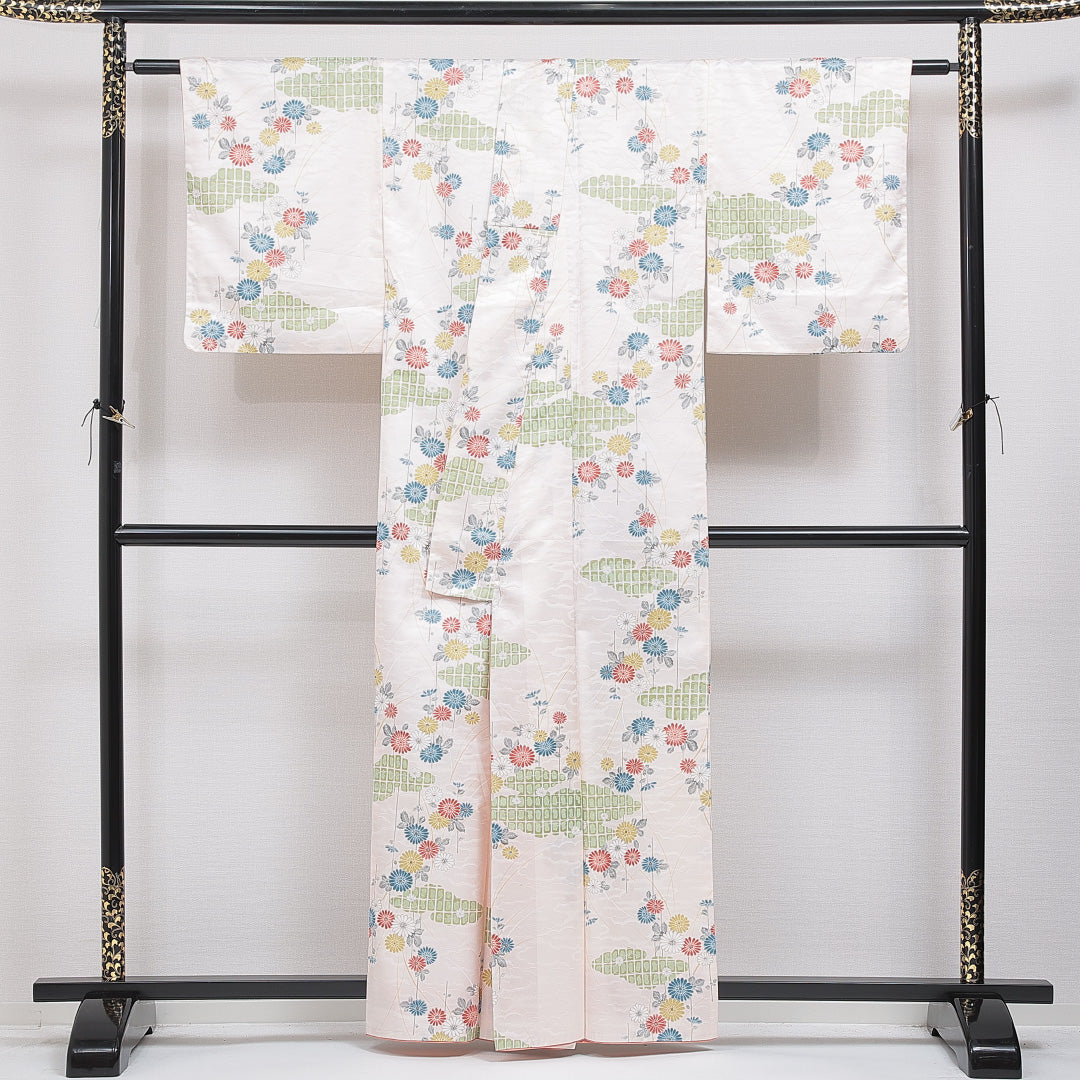 洗える着物 小紋 袷 身丈160cm 裄丈63cm ポリエステル Cランク インフォーマル 広衿 Lサイズ 菊 クリーム系 LP 1221-16239