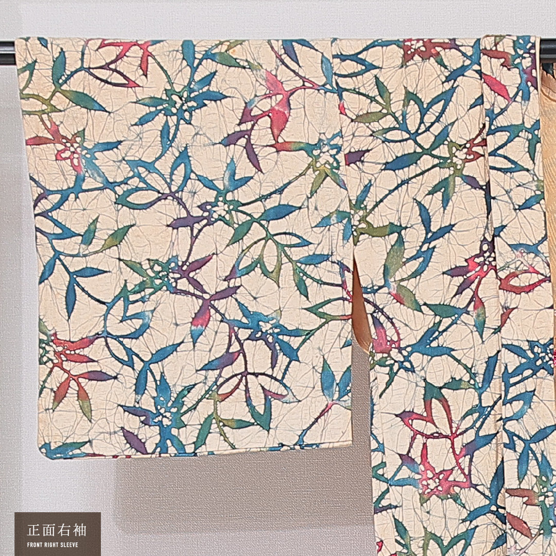 羽織 袷 身丈72cm 裄丈65cm 正絹 Aランク Mサイズ カジュアル 紐あり 植物柄 クリーム系 1217-15121