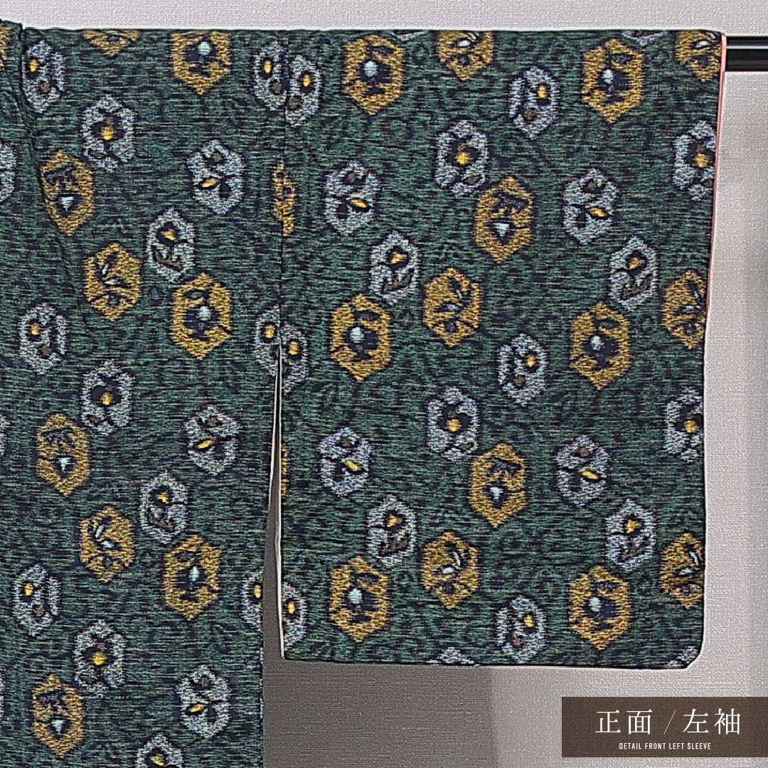 アンティーク 紬 袷 身丈154cm 裄丈60cm 正絹 Aランク バチ衿 Sサイズ 創作柄 緑系 RP 1223-16757