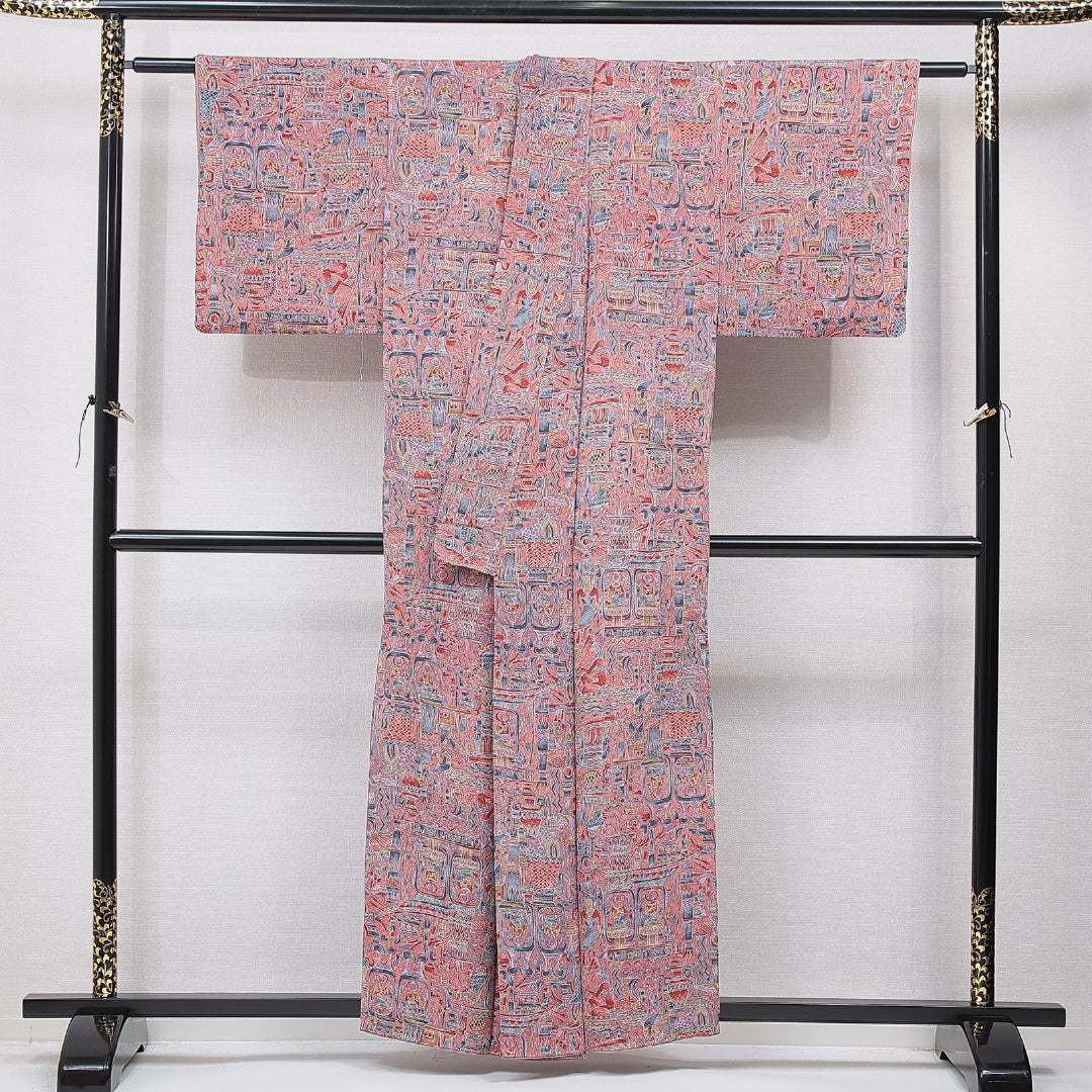 小紋 袷 身丈157cm 裄丈60cm 正絹 Aランク インフォーマル 広衿 Mサイズ コプト文様 ピンク系 RP 1221-15577