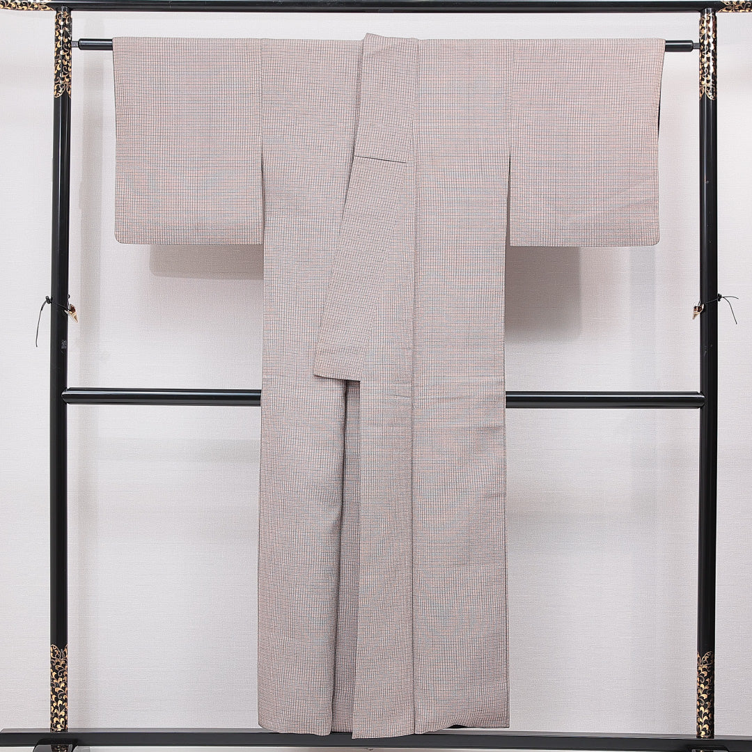 紬 袷 身丈151cm 裄丈62cm 正絹 Dランク Sサイズ 広衿 カジュアル 格子 グレー系 1216-15527