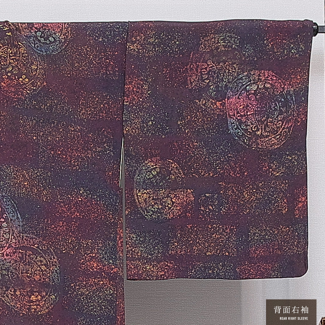 羽織 袷 身丈83cm 裄丈64cm 正絹 Sランク カジュアル Mサイズ 紐あり 丸文 茶系 M4 1232-16187