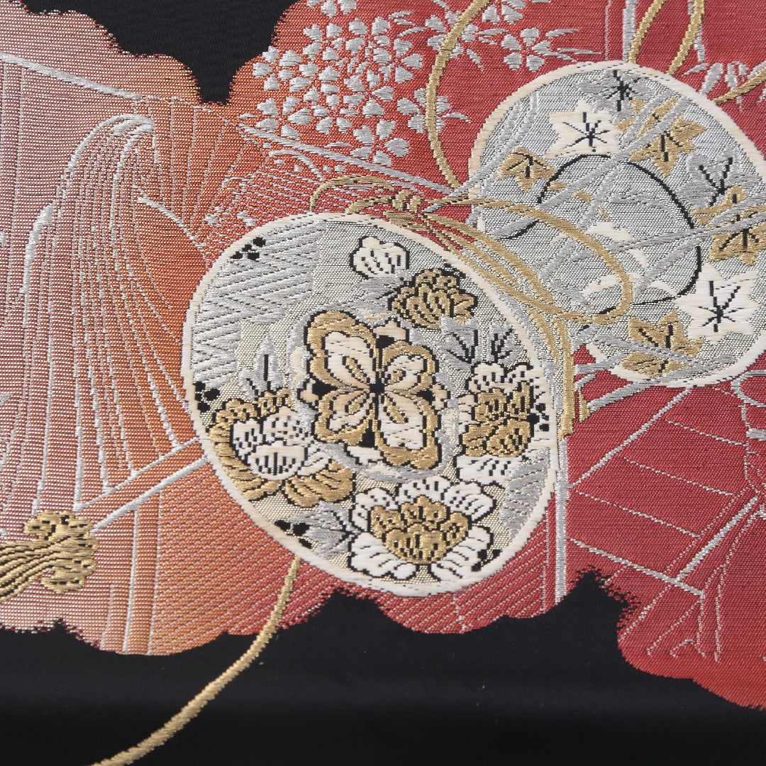 八寸名古屋帯 Sランク 帯丈366cm 正絹 ポイント柄 名古屋仕立て 織り セミフォーマル 平安絵巻 鼓 黒系 RP 1245-04129