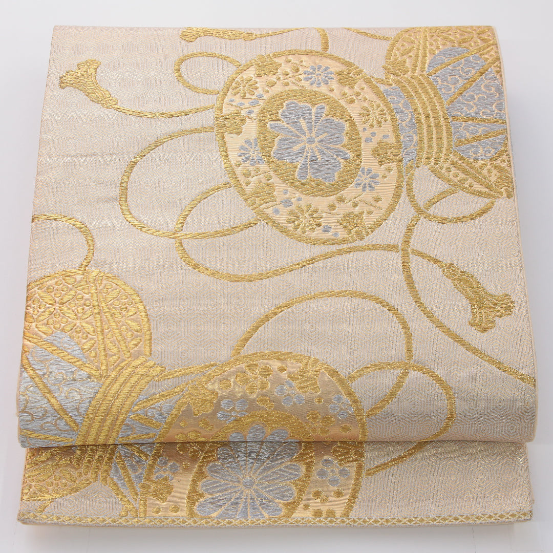 アンティーク 袋帯 帯丈416cm 六通 未仕立て 帯芯なし Aランク 正絹 鼓 金系 クリーム系 1223-02322