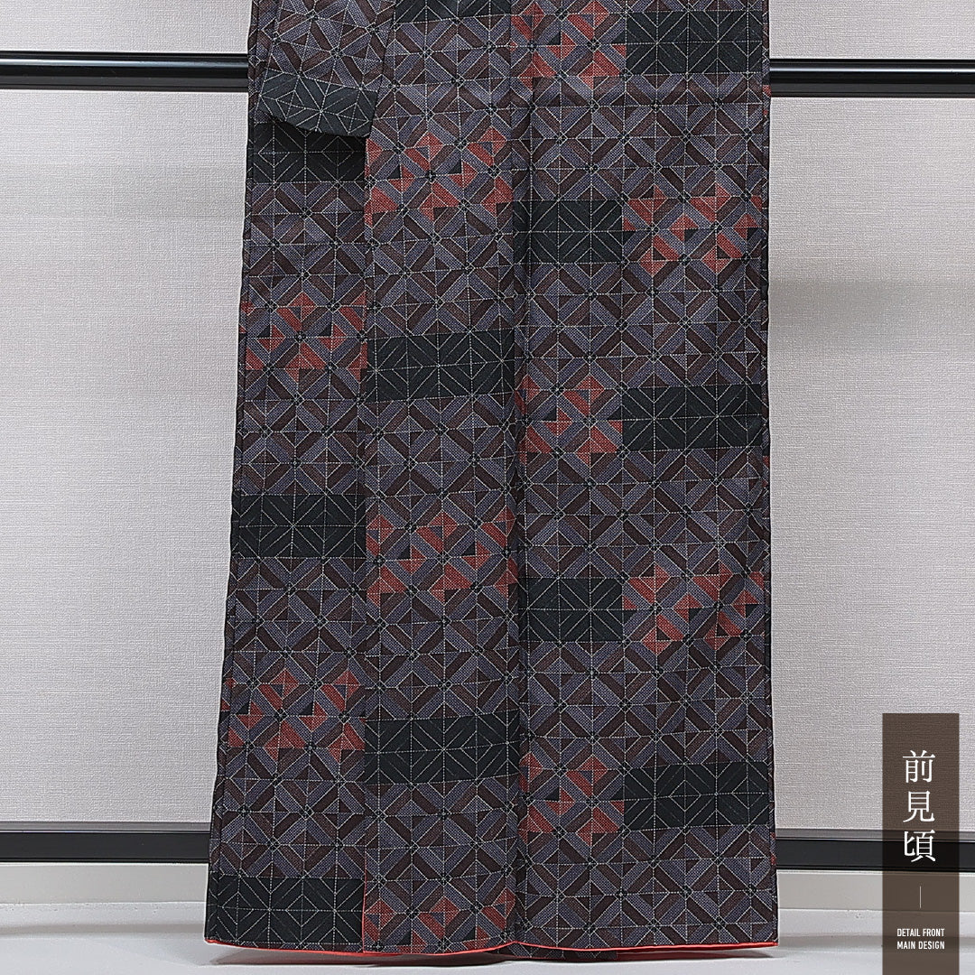 小紋 洗える着物 袷 身丈159cm 裄丈64cm ポリエステル Sランク Mサイズ 広衿 インフォーマル 格子 多色系 1215-15486