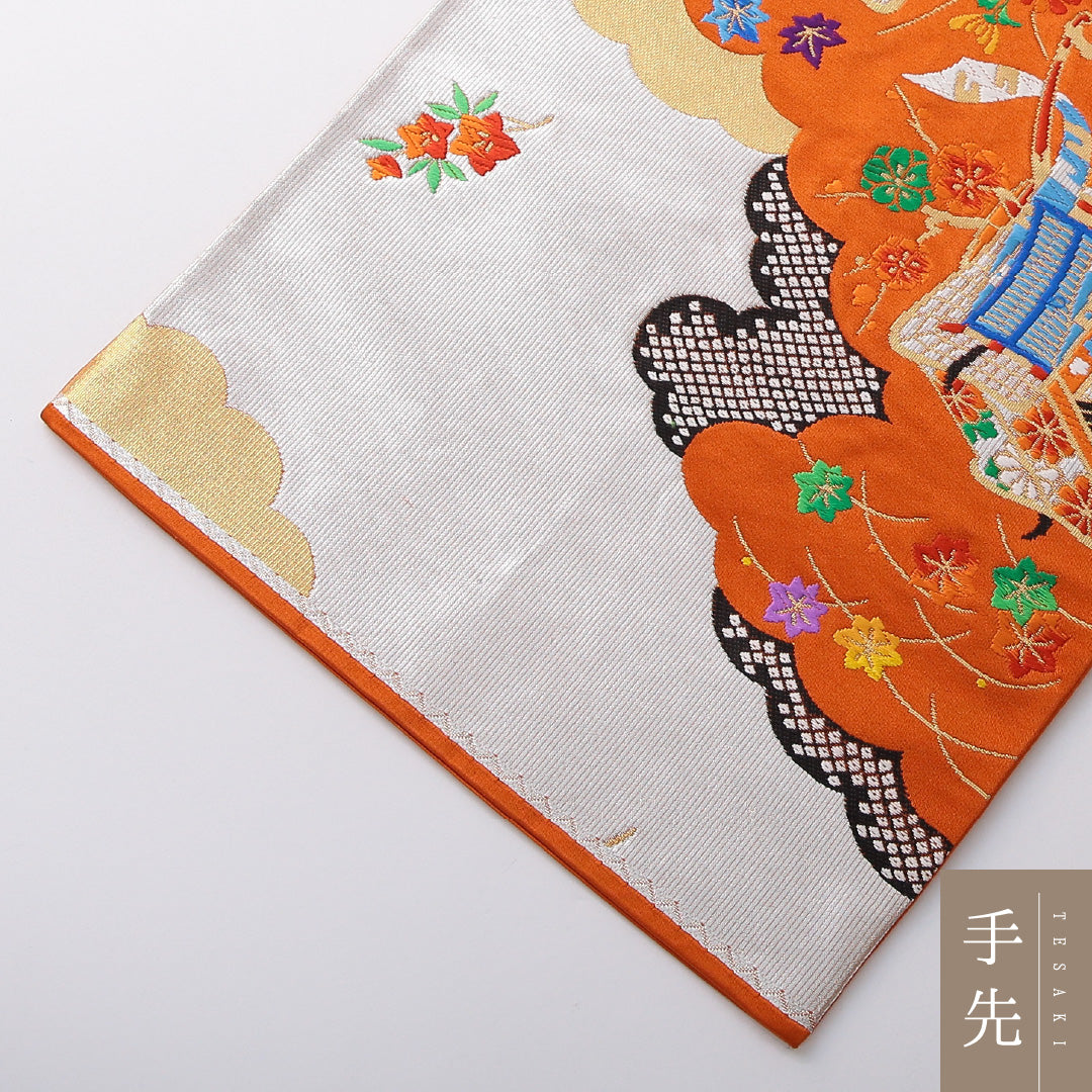 袋帯 帯丈436cm フォーマル 六通 Sランク 正絹 唐織 御所車 朱系 1223-02079