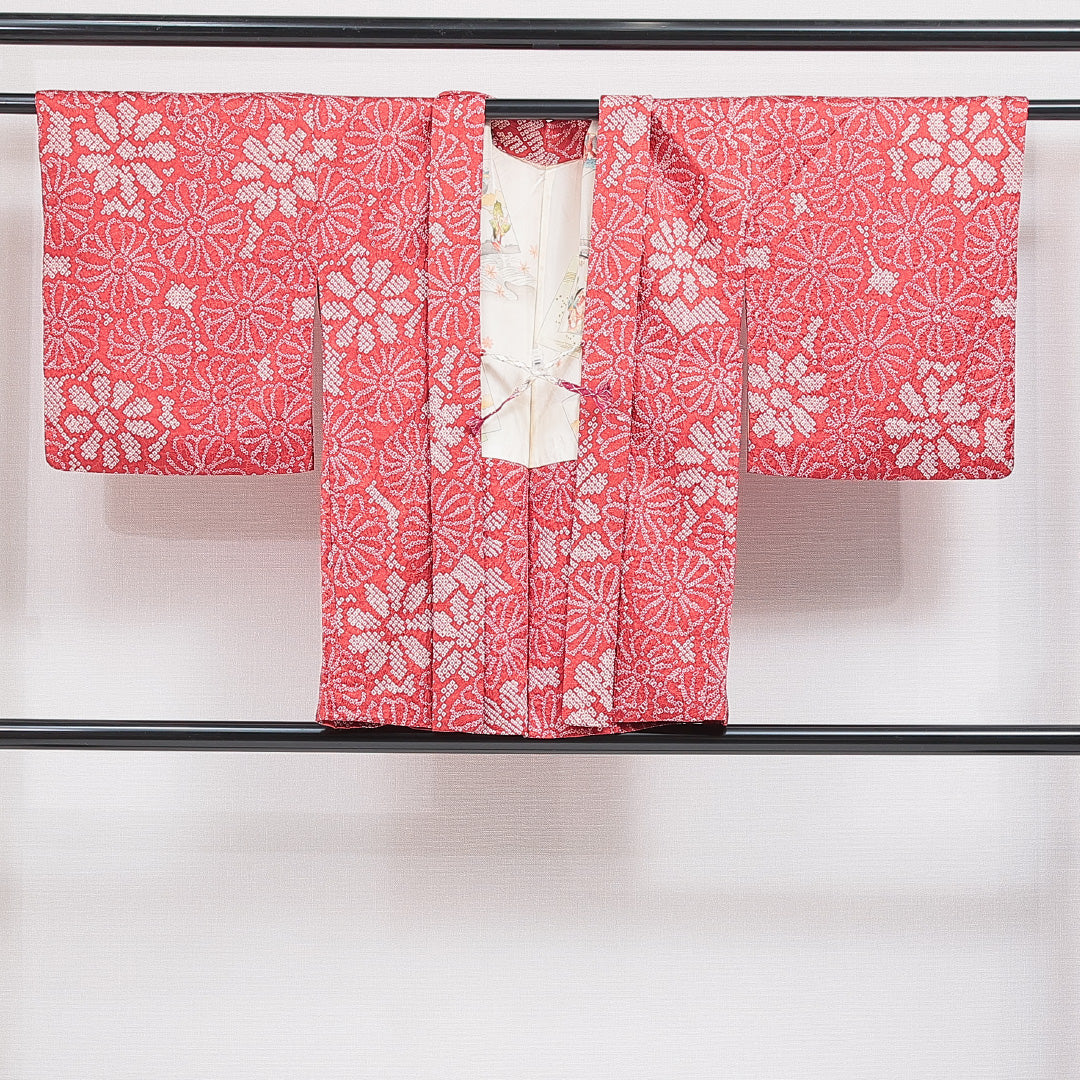 羽織 袷 身丈77cm 裄丈65cm 正絹 Aランク カジュアル Mサイズ 紐あり 菊 赤系 HP 1232-16454