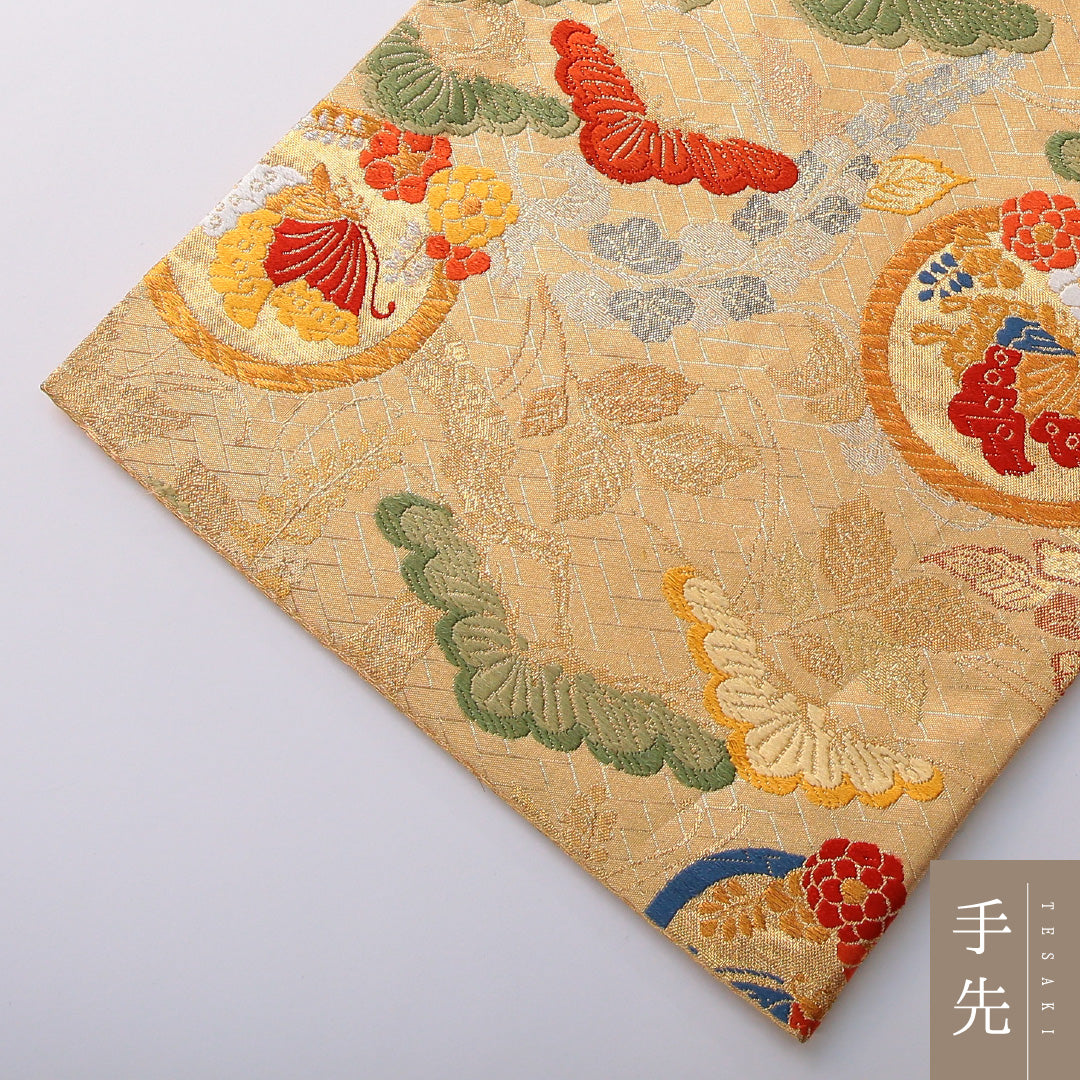 袋帯 帯丈442cm 正絹 六通 フォーマル 蝶 笠松 丸文 落款 金系 1243-02002