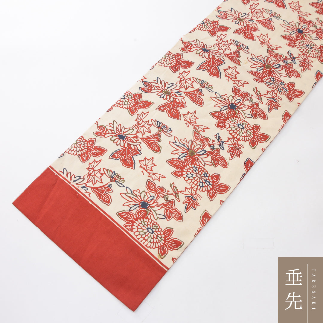 九寸名古屋帯 Cランク 帯丈356cm 正絹 全通 名古屋仕立て 染め カジュアル 紬 型染め 菊 クリーム系 GP 1245-04116