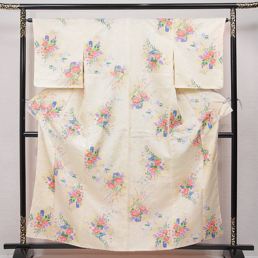 小紋 洗える着物 袷 身丈158cm 裄丈63cm ポリエステル Sランク Mサイズ 広衿 インフォーマル 椿 黄系 1215-15809