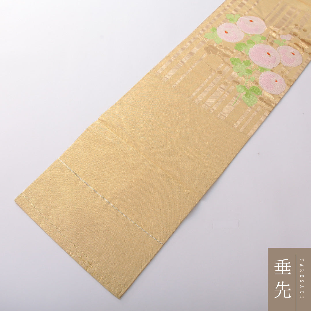 九寸名古屋帯 Sランク 帯丈361cm 正絹 ポイント柄 名古屋仕立て 織り セミフォーマル 琳派 椿 金系 RP 1245-03606
