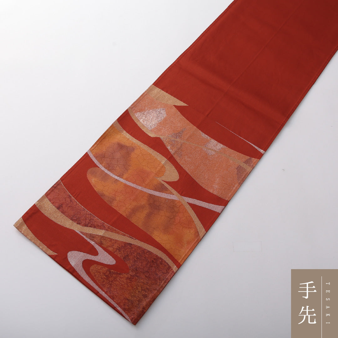 袋帯 帯丈412cm 正絹 六通 未仕立て 帯芯なし セミフォーマル 流水 赤系 1243-02016
