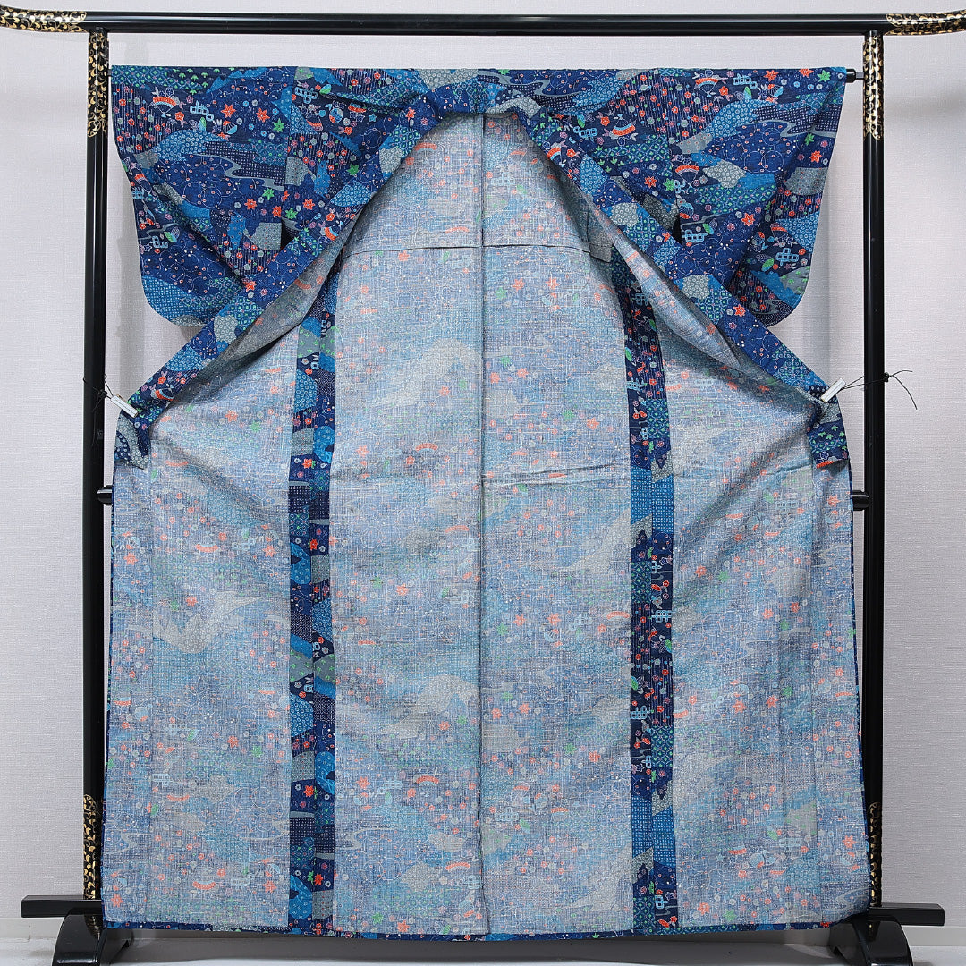 紬 単衣 身丈167cm 裄丈65cm 正絹 Cランク カジュアル バチ衿 XLサイズ 染め紬 花柄 青系 LP 1223-15537