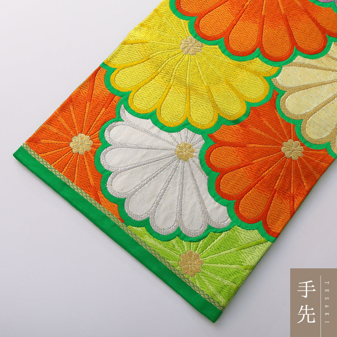 袋帯 帯丈424cm 正絹 六通 菊 緑系 1243-02046