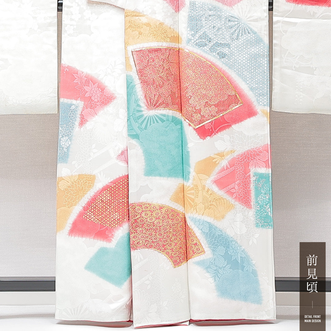 振袖 袷 身丈159cm 裄丈64cm フォーマル Cランク Mサイズ 正絹 広衿 扇 七宝 金駒刺繍 1213-F0704