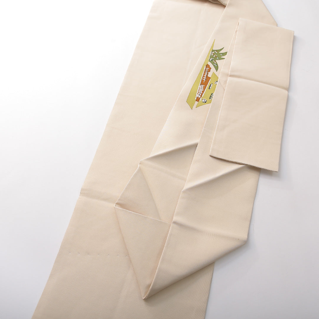 九寸名古屋帯 帯丈334cm カジュアル 名古屋仕立て ポイント柄 Bランク 正絹 染め帯 塩瀬 茶屋辻 クリーム系 1224-03827