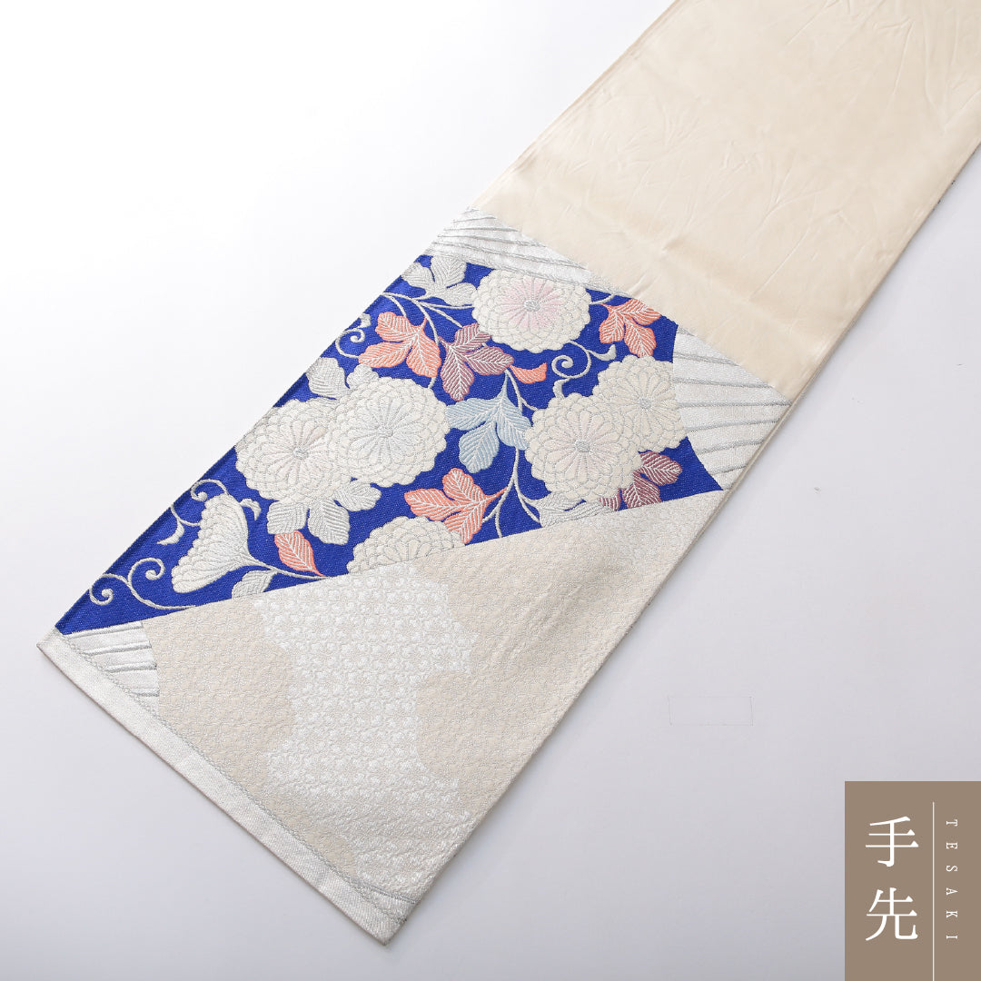袋帯 帯丈428cm 正絹 六通 帯芯なし フォーマル 菊唐草文 扇面文 吉祥文様 クリーム系 1243-02147