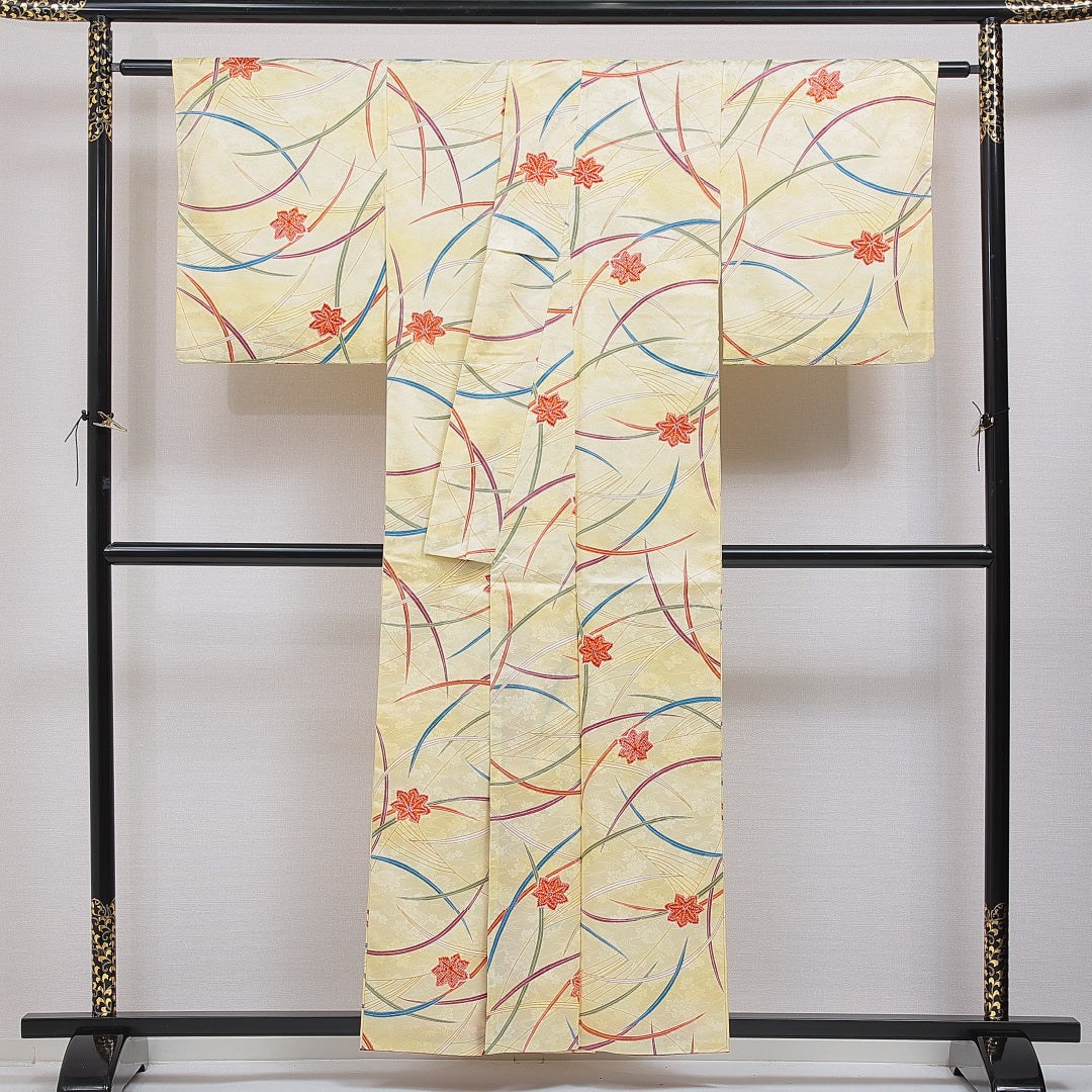 洗える着物 小紋 袷 身丈156cm 裄丈64cm ポリエステル Aランク インフォーマル 広衿 Mサイズ 芝草 紅葉 黄系 HP 1221-16381