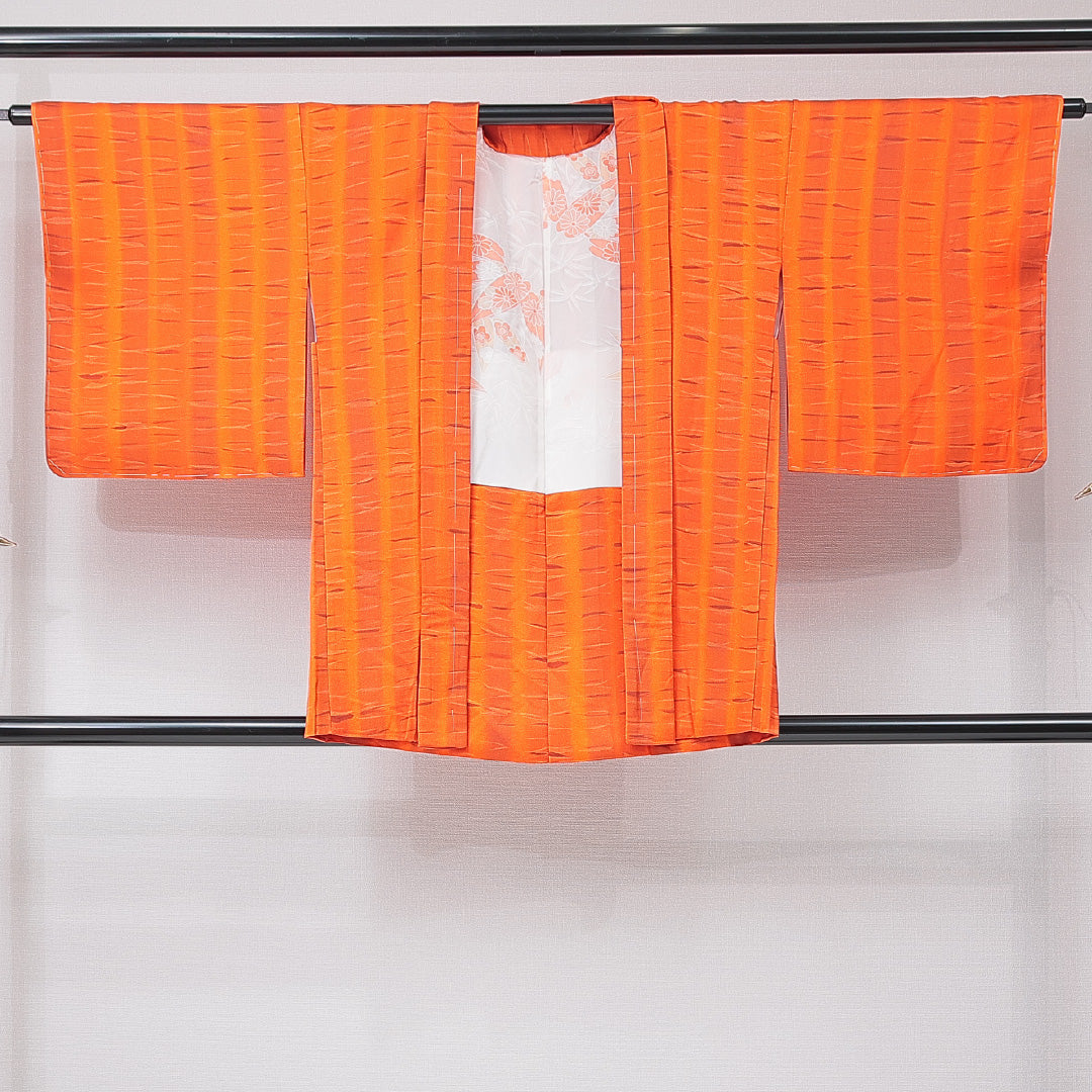 羽織 袷 身丈78cm 裄丈65cm 正絹 Sランク Mサイズ カジュアル 縞 朱系 1217-15120