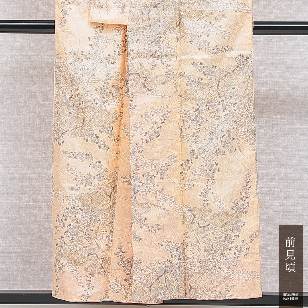 洗える着物 小紋 袷 身丈151cm 裄丈63cm ポリエステル Sランク 紋意匠 (芝草) インフォーマル 広衿 Sサイズ 菊 クリーム系 RP 1221-16026