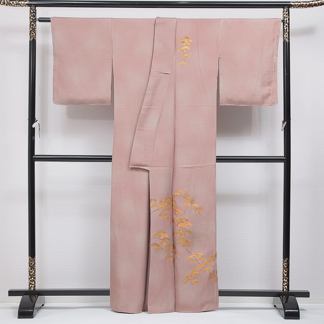 訪問着 袷 身丈160cm 裄丈66cm 正絹 Sランク Lサイズ 広衿 セミフォーマル 笠松 ぼかし染 刺繍 金駒刺繍 ピンク系 茶系 1212-16868