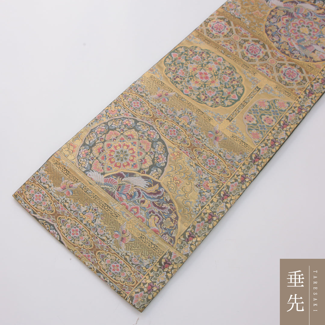 袋帯 帯丈438cm フォーマル 六通 Sランク 正絹 花喰鳥 鏡裏文 緑系 1223-02326