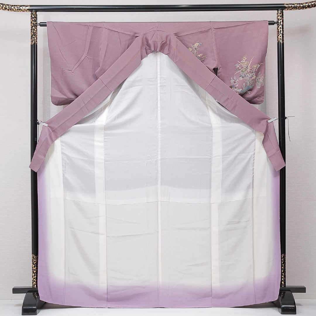 訪問着 袷 身丈172cm 裄丈63cm 正絹 Cランク セミフォーマル バチ衿 2XLサイズ 菊 笠松 紫系 HP 1217-15195