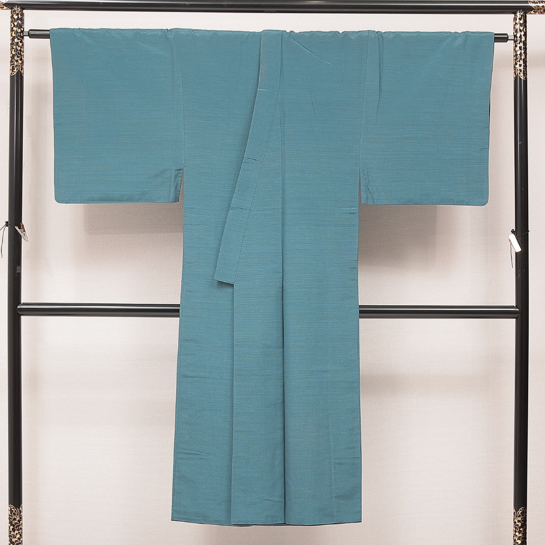 男着物 袷 身丈157cm 裄丈63cm 正絹 Bランク カジュアル 棒衿 2XLサイズ 無地 緑系 RP 1224-16908
