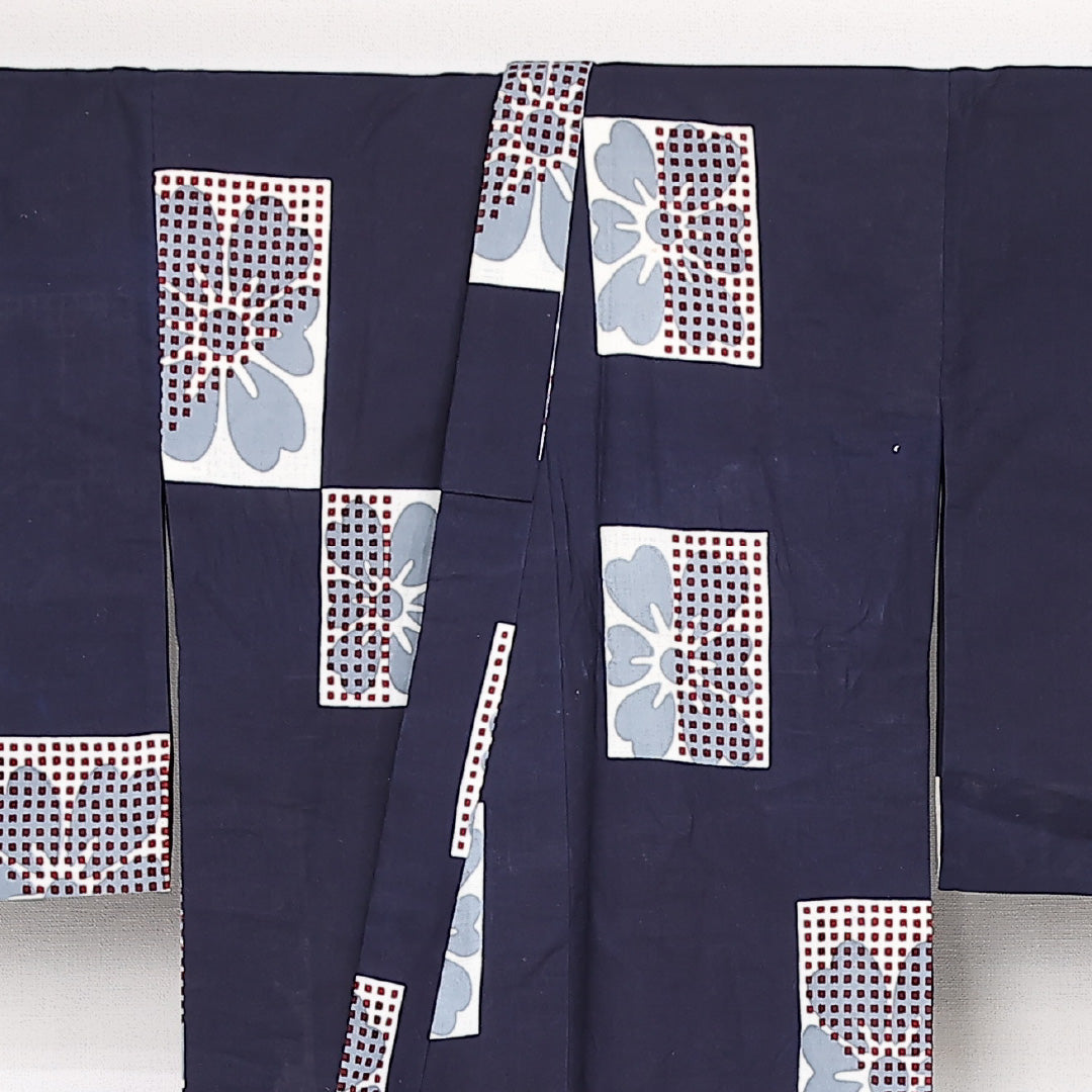 アンティーク 木綿の浴衣 夏物 洗える着物 夏物 身丈153cm 裄丈62cm 木綿 Aランク Sサイズ バチ衿 居敷当て 肩当て 花柄 紺系 1218-13184